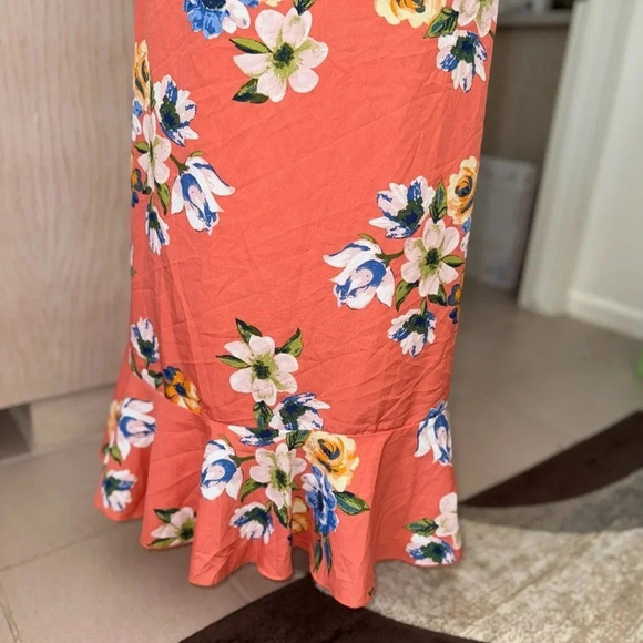 HINT OF BLUSH CORAL FLORAL PRINT OFF THE SHOULDER FAUX WRAP RUFFLE MAXI DRESS L - Picture 3 of 16